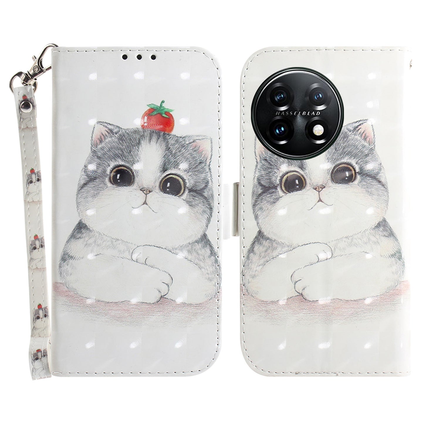 Anti-drop Cell Phone Cover for OnePlus 11 5G Pattern Printing Leather Wallet Phone Stand Case with Strap - Cute Cat