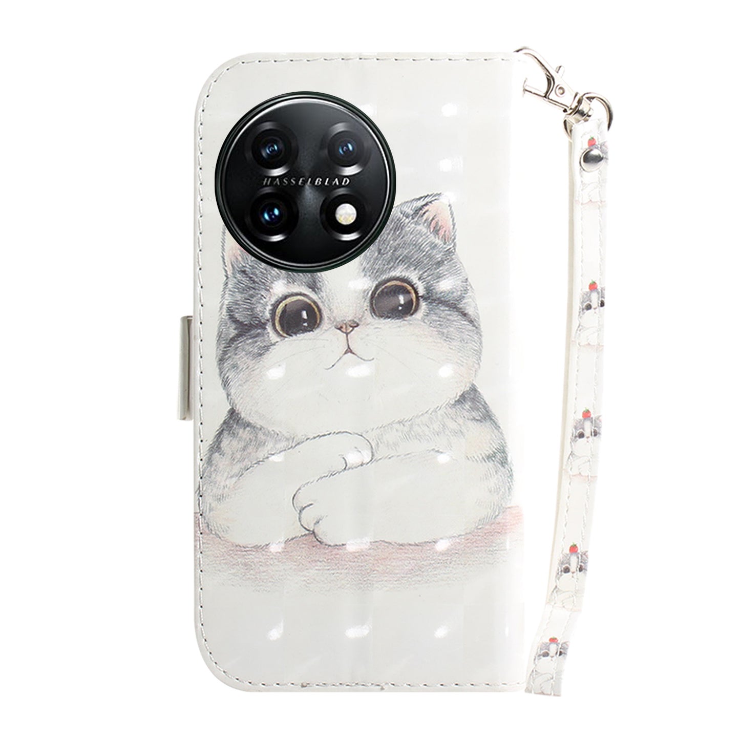 Anti-drop Cell Phone Cover for OnePlus 11 5G Pattern Printing Leather Wallet Phone Stand Case with Strap - Cute Cat