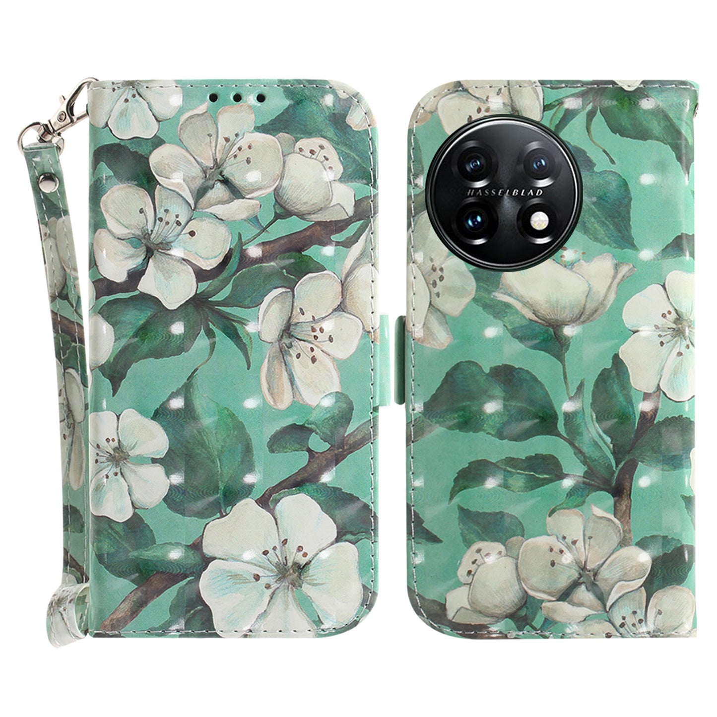 Anti-drop Cell Phone Cover for OnePlus 11 5G Pattern Printing Leather Wallet Phone Stand Case with Strap - Watercolor Flowers