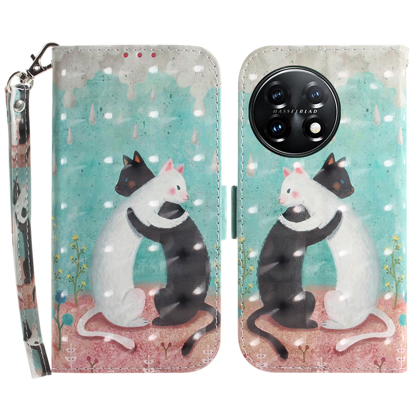 Anti-drop Cell Phone Cover for OnePlus 11 5G Pattern Printing Leather Wallet Phone Stand Case with Strap - Two Cats