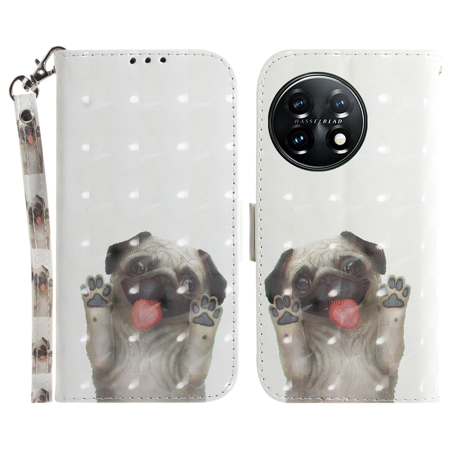 Anti-drop Cell Phone Cover for OnePlus 11 5G Pattern Printing Leather Wallet Phone Stand Case with Strap - Pug