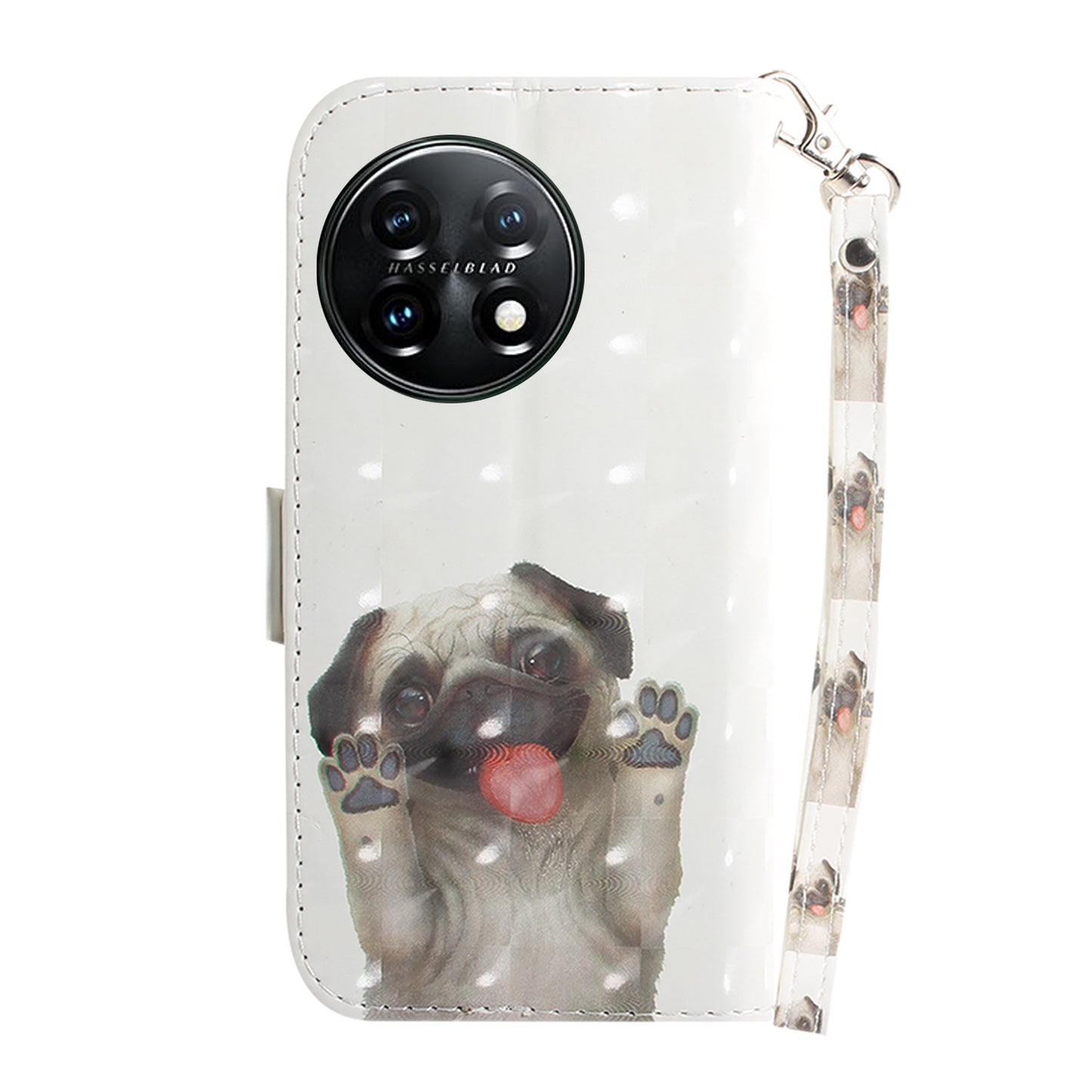 Anti-drop Cell Phone Cover for OnePlus 11 5G Pattern Printing Leather Wallet Phone Stand Case with Strap - Pug