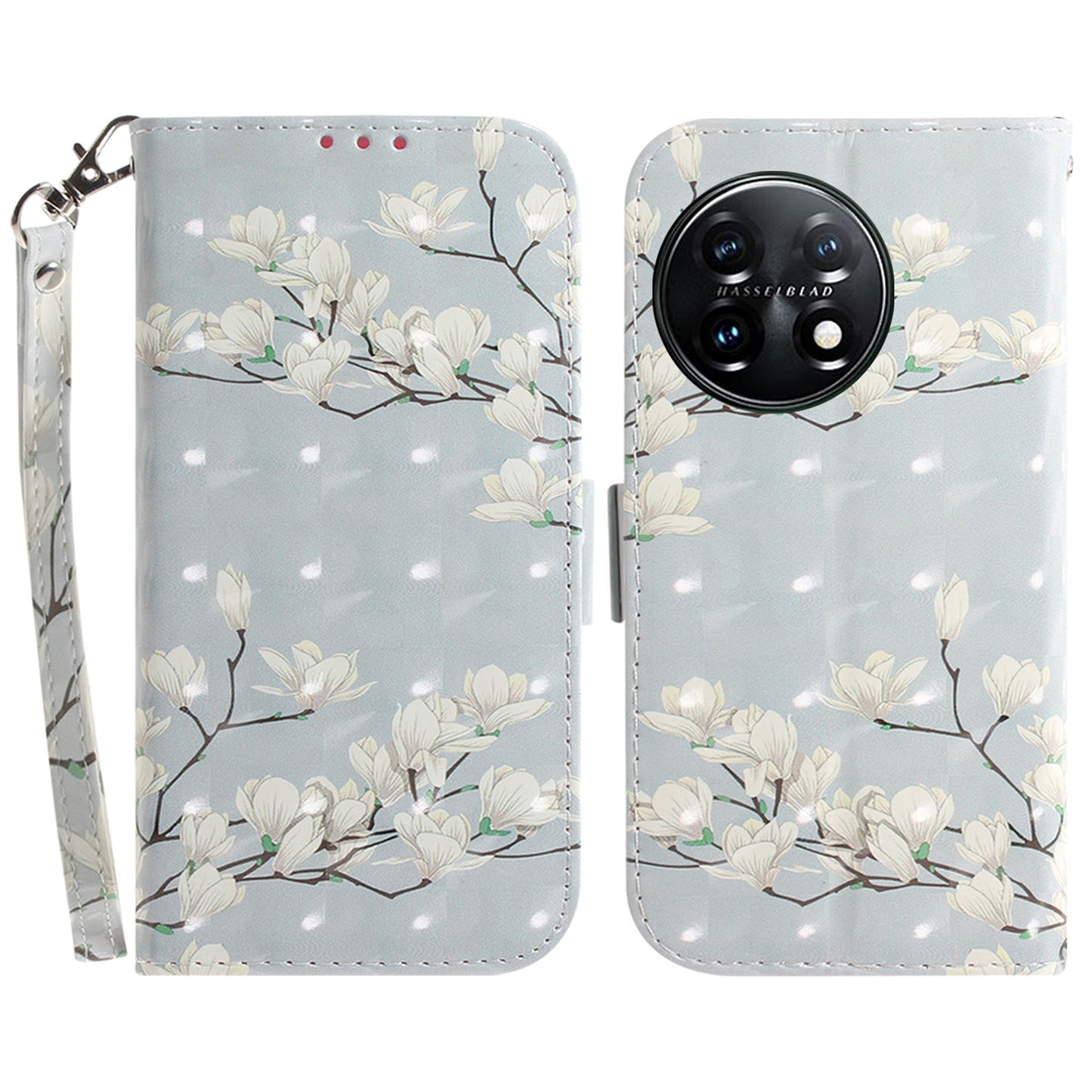 Anti-drop Cell Phone Cover for OnePlus 11 5G Pattern Printing Leather Wallet Phone Stand Case with Strap - Magnolia