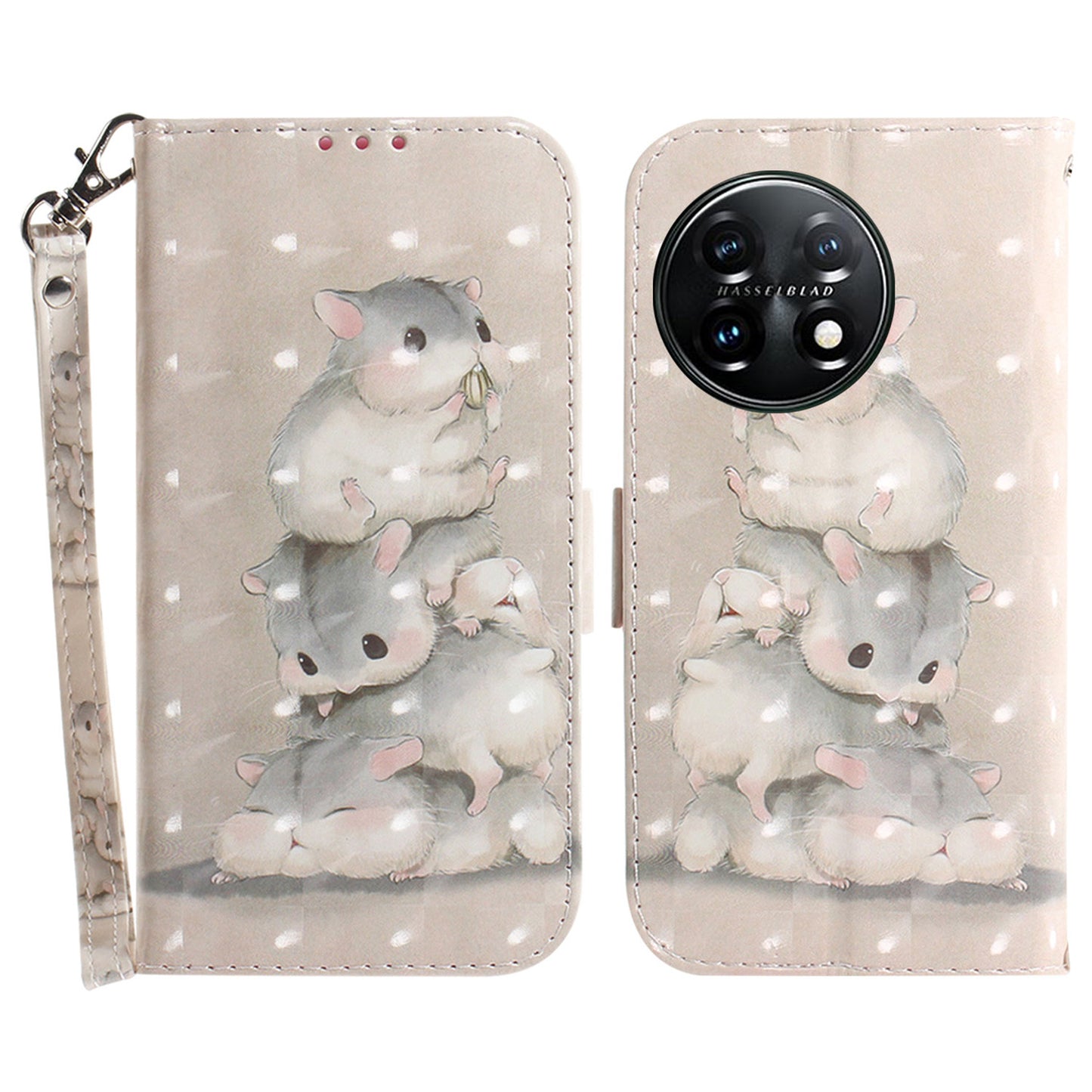 Anti-drop Cell Phone Cover for OnePlus 11 5G Pattern Printing Leather Wallet Phone Stand Case with Strap - Stacking Squirrels