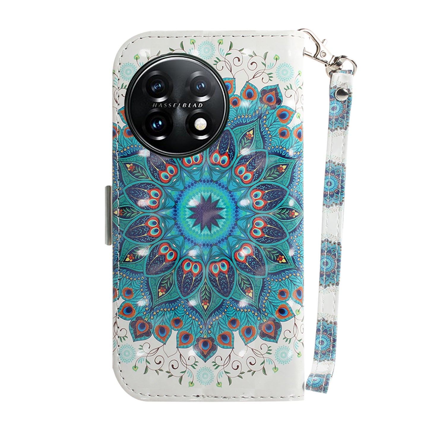 Anti-drop Cell Phone Cover for OnePlus 11 5G Pattern Printing Leather Wallet Phone Stand Case with Strap - Peacock Wreath