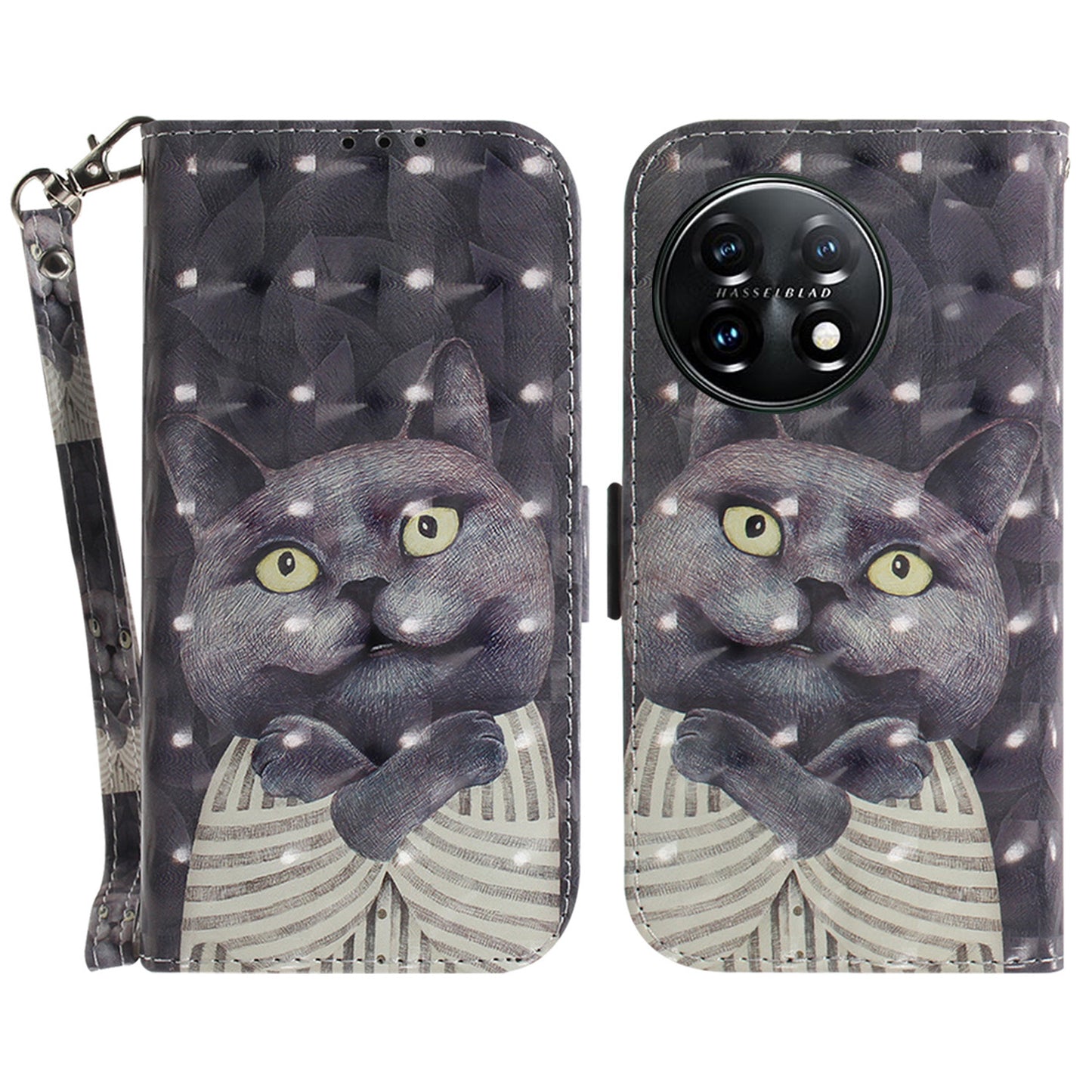 Anti-drop Cell Phone Cover for OnePlus 11 5G Pattern Printing Leather Wallet Phone Stand Case with Strap - Embracing Cat
