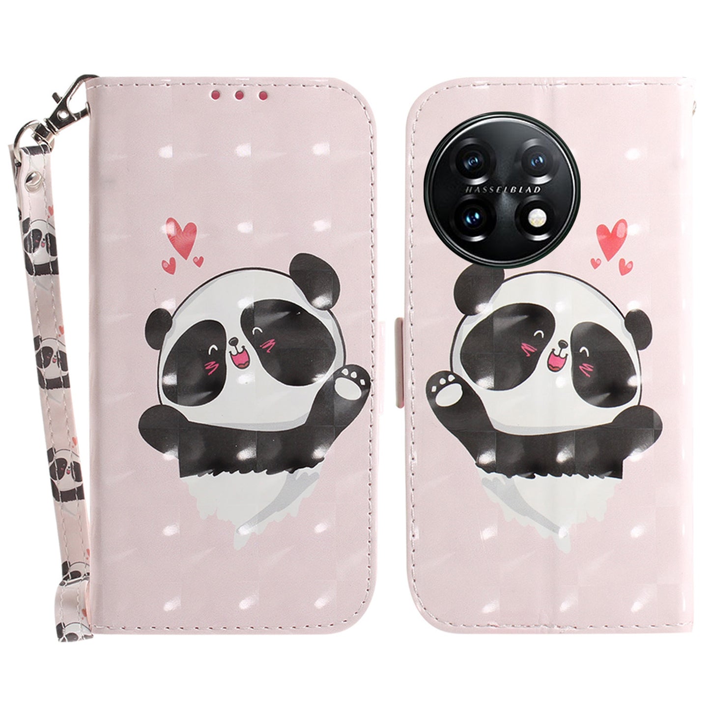 Anti-drop Cell Phone Cover for OnePlus 11 5G Pattern Printing Leather Wallet Phone Stand Case with Strap - Love Heart Panda