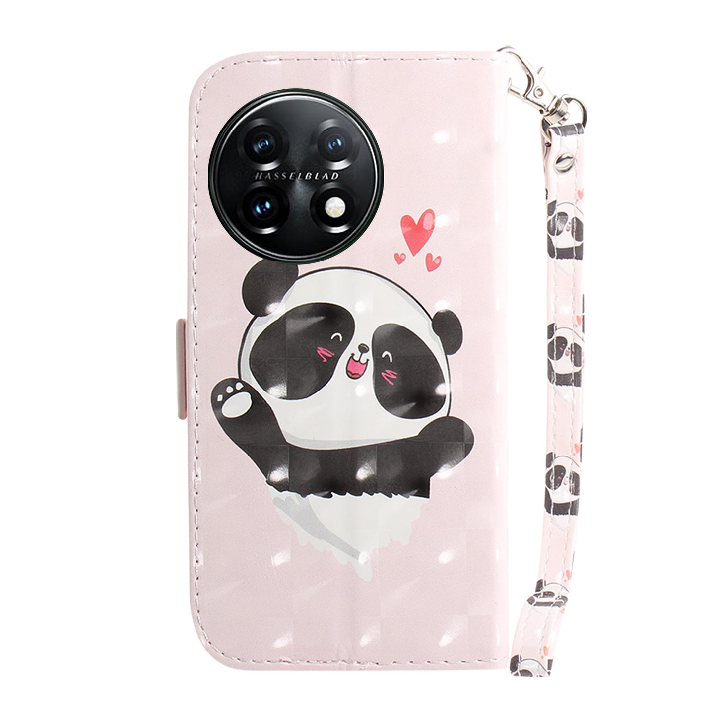 Anti-drop Cell Phone Cover for OnePlus 11 5G Pattern Printing Leather Wallet Phone Stand Case with Strap - Love Heart Panda