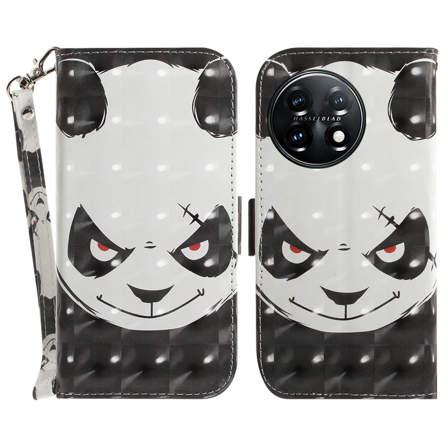 Anti-drop Cell Phone Cover for OnePlus 11 5G Pattern Printing Leather Wallet Phone Stand Case with Strap - Angry Panda
