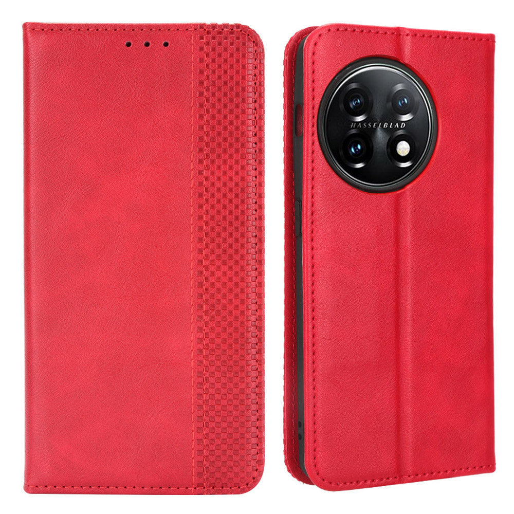For OnePlus 11R 5G / Ace 2 5G PU Leather Wallet Phone Case Retro Magnetic Closing Stand Cover - Red