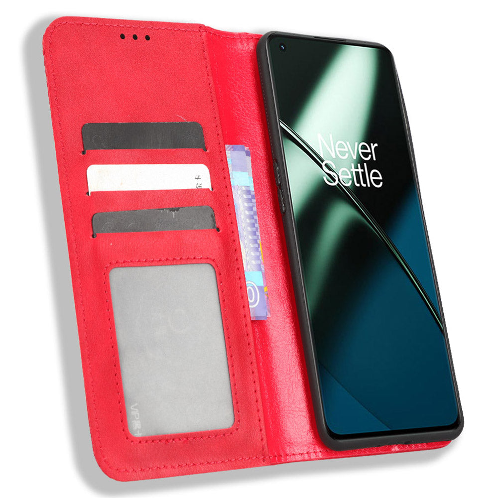For OnePlus 11R 5G / Ace 2 5G PU Leather Wallet Phone Case Retro Magnetic Closing Stand Cover - Red