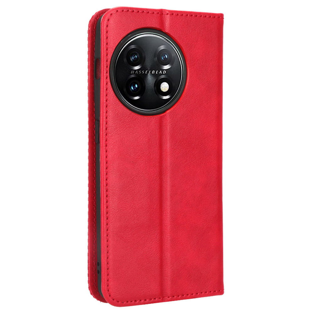 For OnePlus 11R 5G / Ace 2 5G PU Leather Wallet Phone Case Retro Magnetic Closing Stand Cover - Red