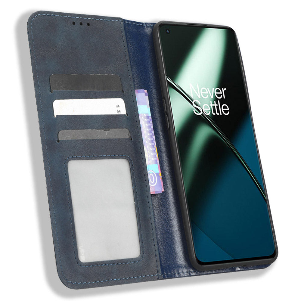 For OnePlus 11R 5G / Ace 2 5G PU Leather Wallet Phone Case Retro Magnetic Closing Stand Cover - Blue