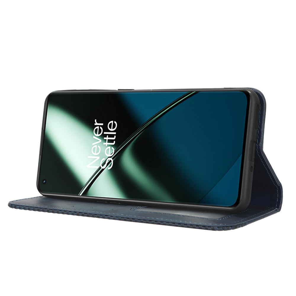 For OnePlus 11R 5G / Ace 2 5G PU Leather Wallet Phone Case Retro Magnetic Closing Stand Cover - Blue