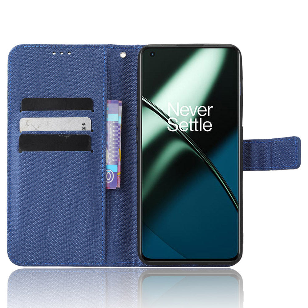 For OnePlus 11R 5G / Ace 2 5G Diamond Texture Stand Cover PU Leather Wallet Shockproof Phone Case - Blue