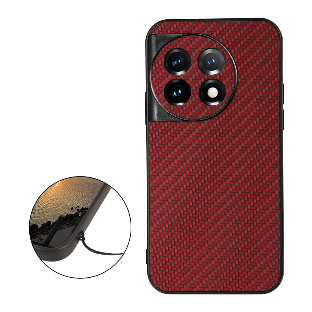 For OnePlus 11 5G Carbon Fiber Texture Phone Case Anti-drop PU Leather Coated TPU Cover - Red