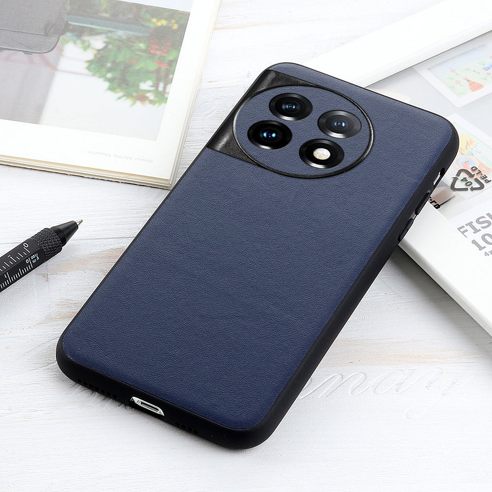 For OnePlus 11 5G Textured Genuine Leather Coated TPU Cover Drop Protection Phone Case - Blue