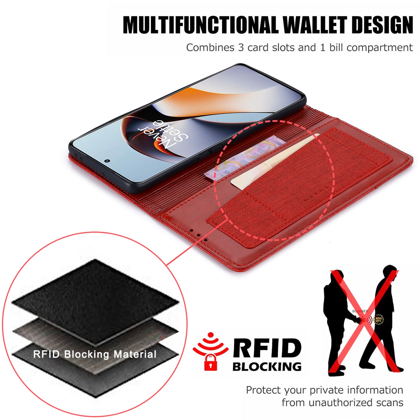 MUXMA MX109 RFID Blocking Phone Case for OnePlus 11R 5G / Ace 2 5G , PU Leather Magnetic Wallet Cover Stand - Red