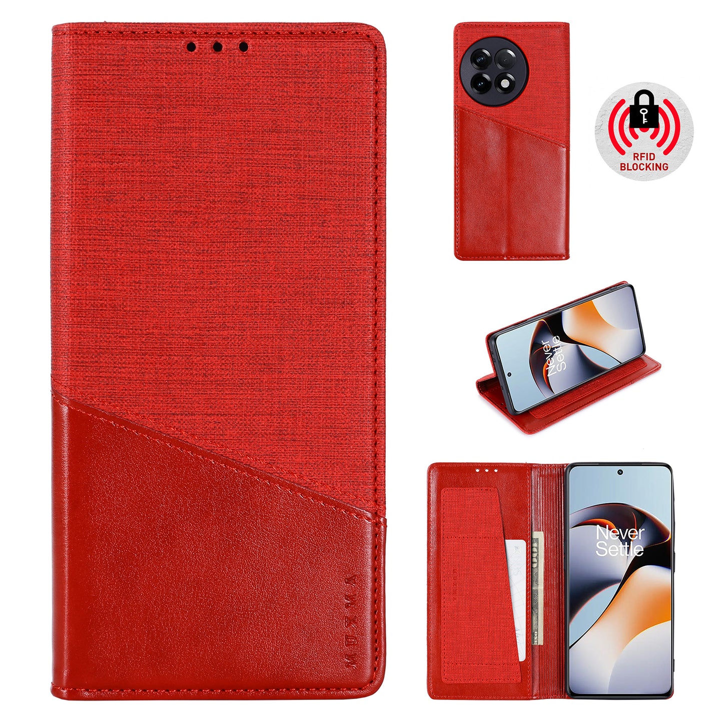 MUXMA MX109 RFID Blocking Phone Case for OnePlus 11R 5G / Ace 2 5G , PU Leather Magnetic Wallet Cover Stand - Red