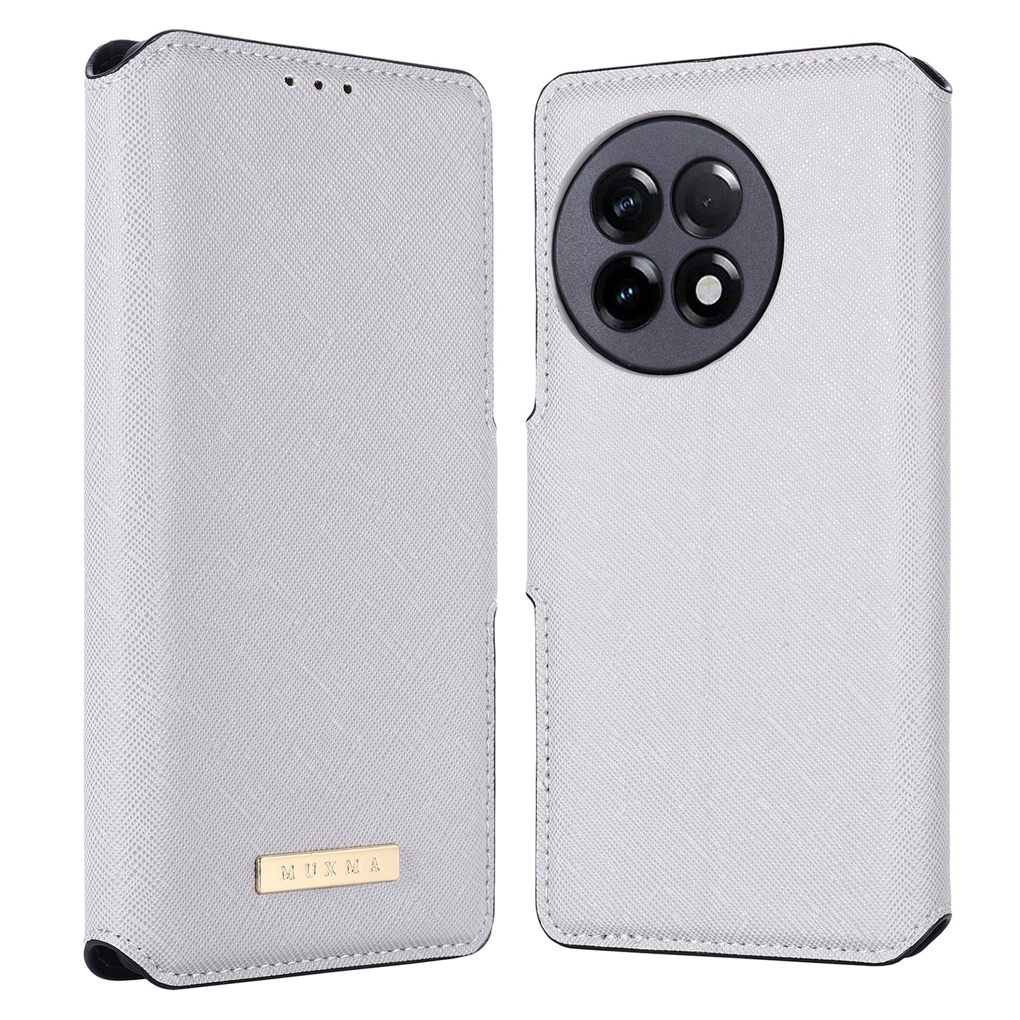 MUXMA MX115 Cross Texture Phone Case for OnePlus 11R 5G / Ace 2 5G , PU Leather Stand Wallet Flip Cover - White