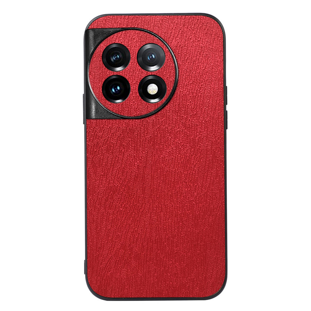 For OnePlus 11 5G Wood Grain Anti-Fingerprint Phone Cover PU Leather+PC+TPU Phone Case - Red