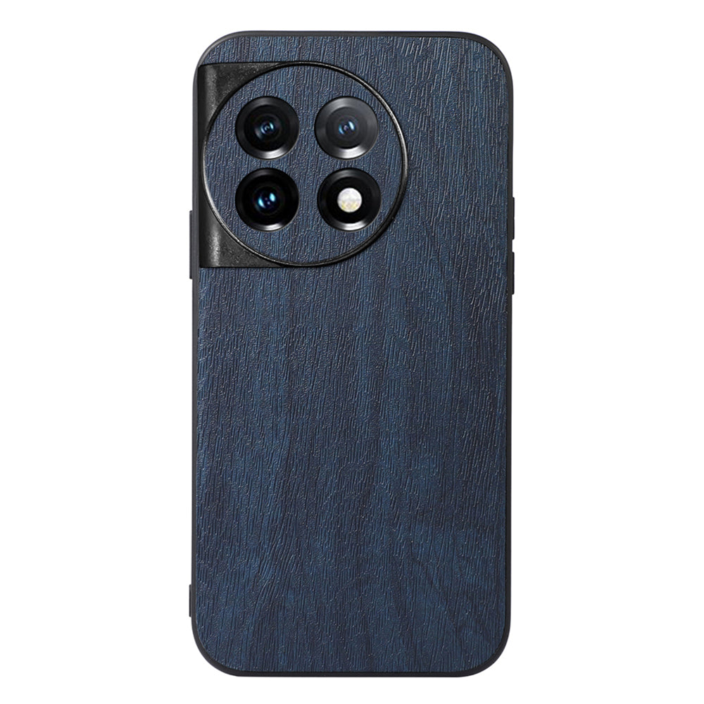 For OnePlus 11 5G Wood Grain Anti-Fingerprint Phone Cover PU Leather+PC+TPU Phone Case - Blue