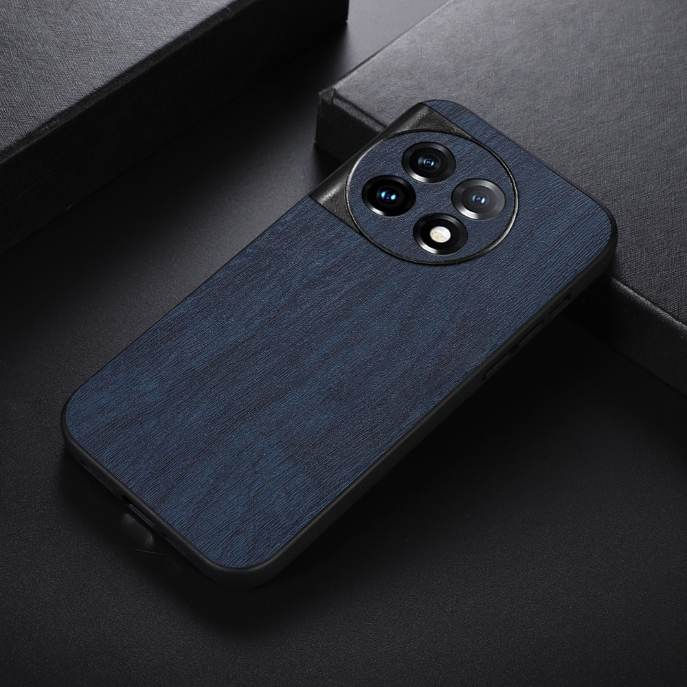 For OnePlus 11 5G Wood Grain Anti-Fingerprint Phone Cover PU Leather+PC+TPU Phone Case - Blue