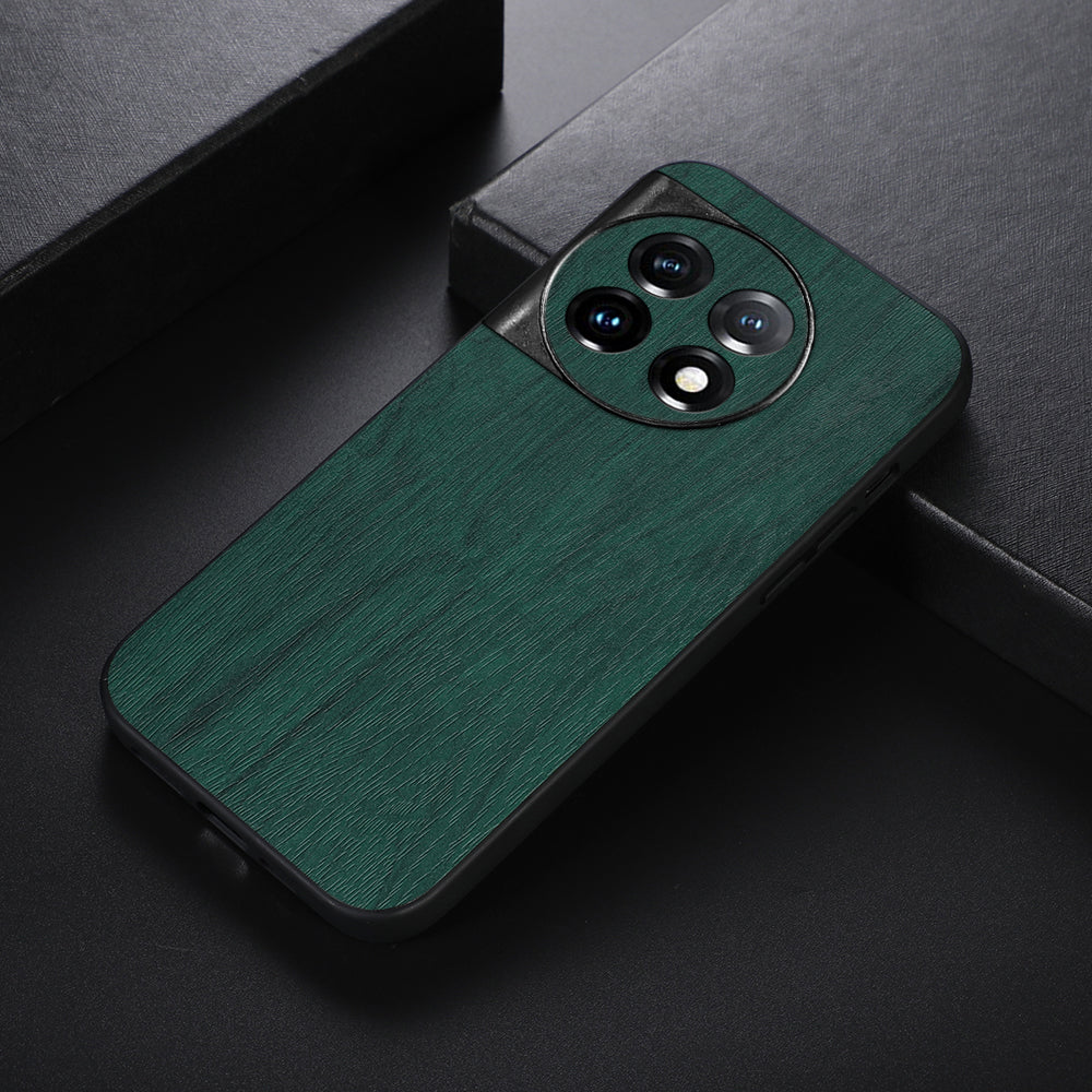 For OnePlus 11 5G Wood Grain Anti-Fingerprint Phone Cover PU Leather+PC+TPU Phone Case - Green
