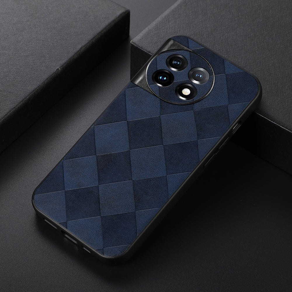 PC+TPU+PU Leather Phone Cover for OnePlus 11 5G , Anti-Scratch Grid Texture Cell Phone Case - Blue