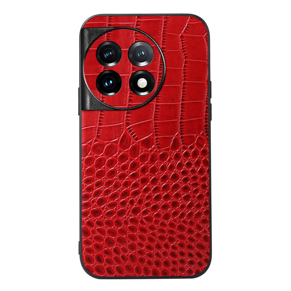 For OnePlus 11 5G Crocodile Texture Phone Case Genuine Cowhide Leather Coated PC+TPU Anti-Scratch Shell - Red
