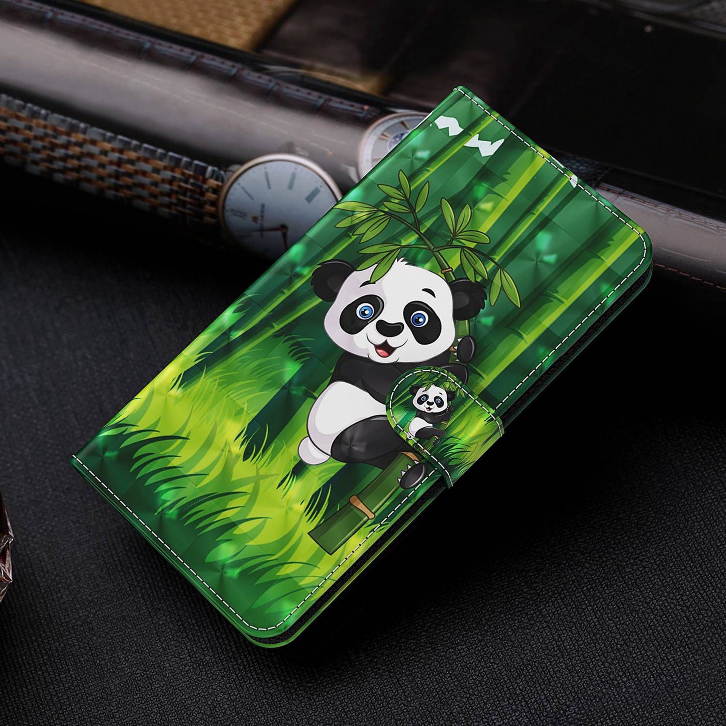 For OnePlus 11 5G PU Leather 3D Pattern Printing Phone Case Flip Wallet Stand Protective Cover - Panda Climbing