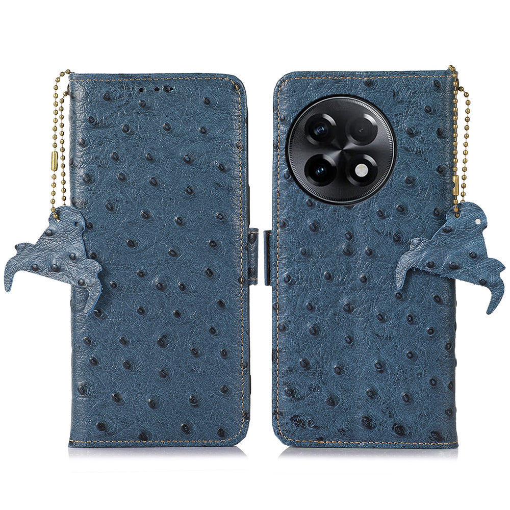 For OnePlus Ace 2 5G / 11R 5G RFID Blocking Wallet Protective Cover Ostrich Pattern Cowhide Leather Phone Case with Stand - Blue