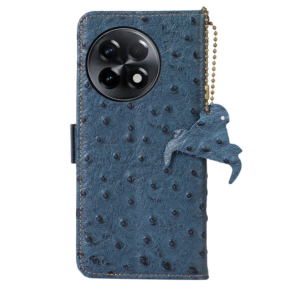 For OnePlus Ace 2 5G / 11R 5G RFID Blocking Wallet Protective Cover Ostrich Pattern Cowhide Leather Phone Case with Stand - Blue