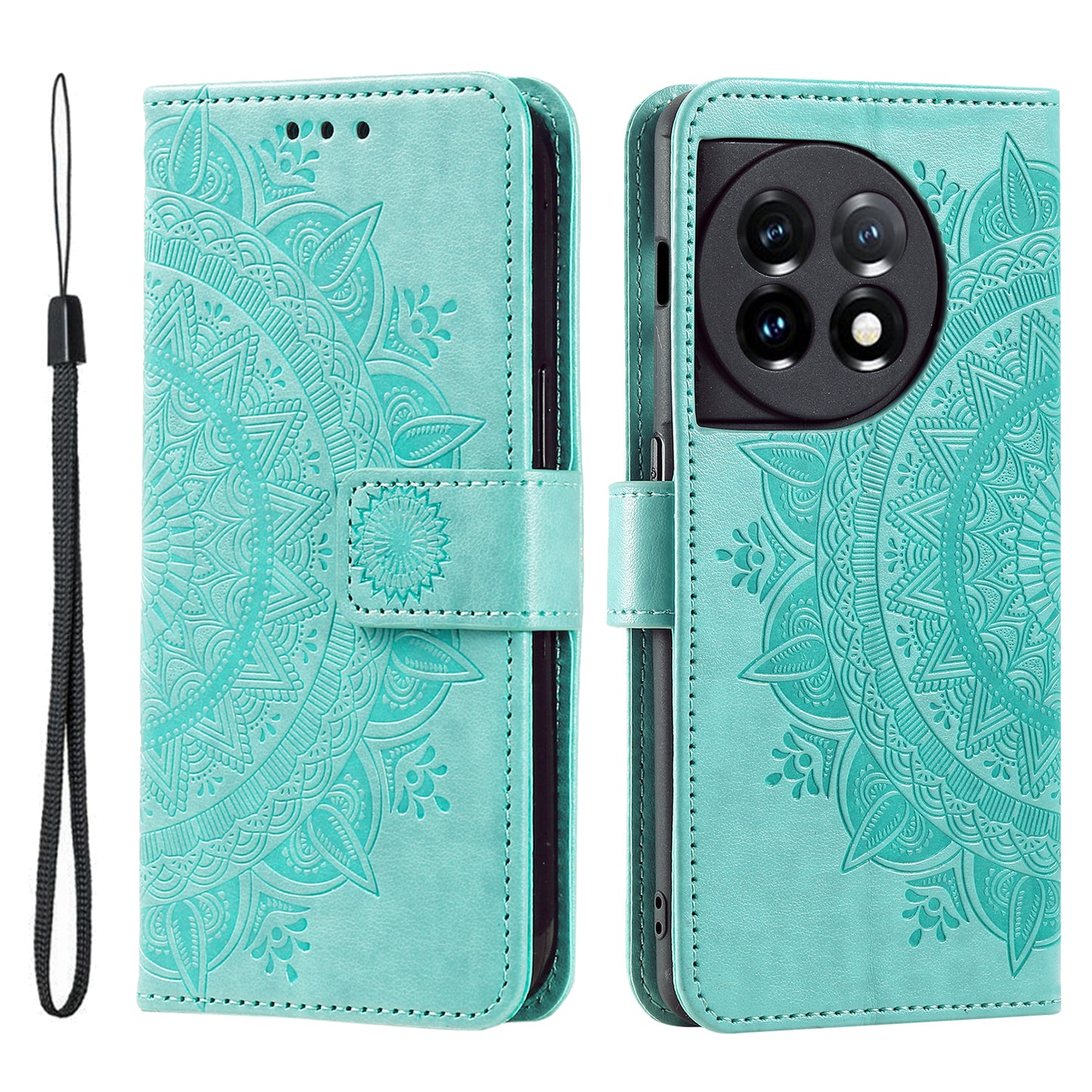 Leather Flip Case for OnePlus 11 5G Shockproof Phone Shell Mandala Flower Pattern Wallet Phone Cover - Green