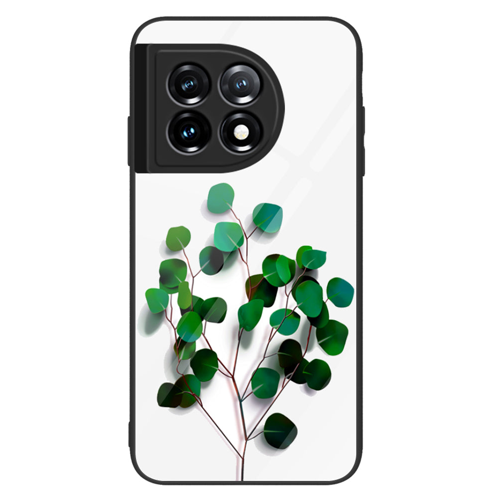 For OnePlus 11 5G Pattern Printing Anti-scratch Phone Case Tempered Glass+PC+TPU Cell Phone Cover - Green Leaves