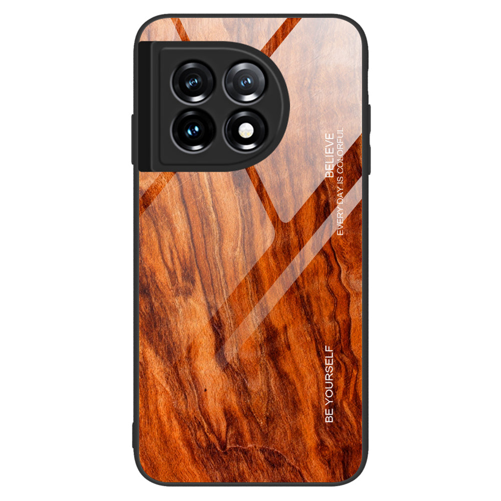 For OnePlus 11 5G Wooden Pattern Anti-fall Phone Case Tempered Glass + TPU Protective Cover - Orange