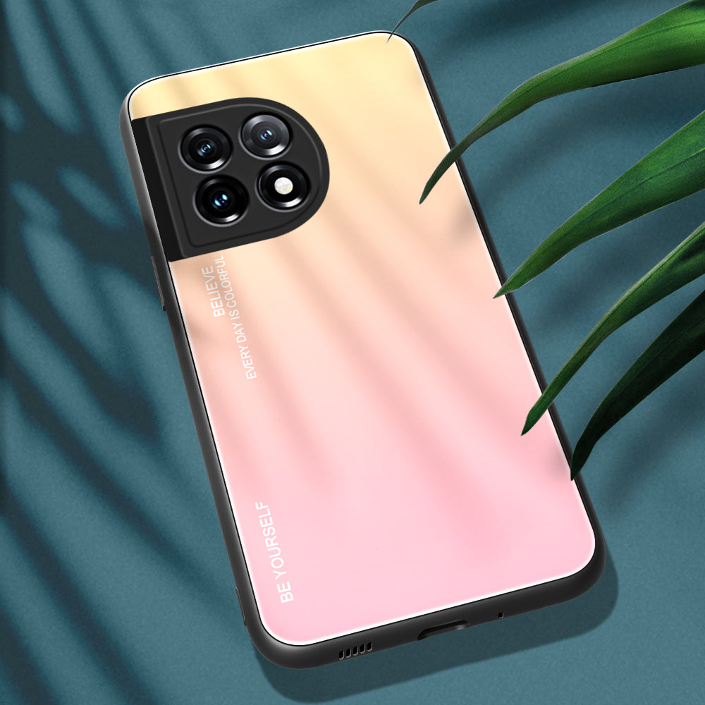 Gradient Color Phone Case for OnePlus 11 5G Tempered Glass PC TPU Anti-Scratch Phone Cover - Gold / Pink