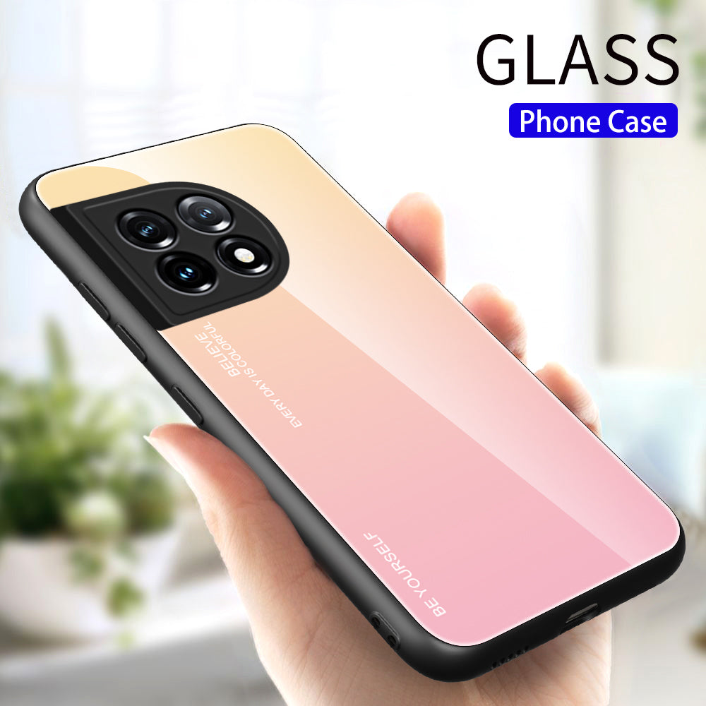 Gradient Color Phone Case for OnePlus 11 5G Tempered Glass PC TPU Anti-Scratch Phone Cover - Gold / Pink