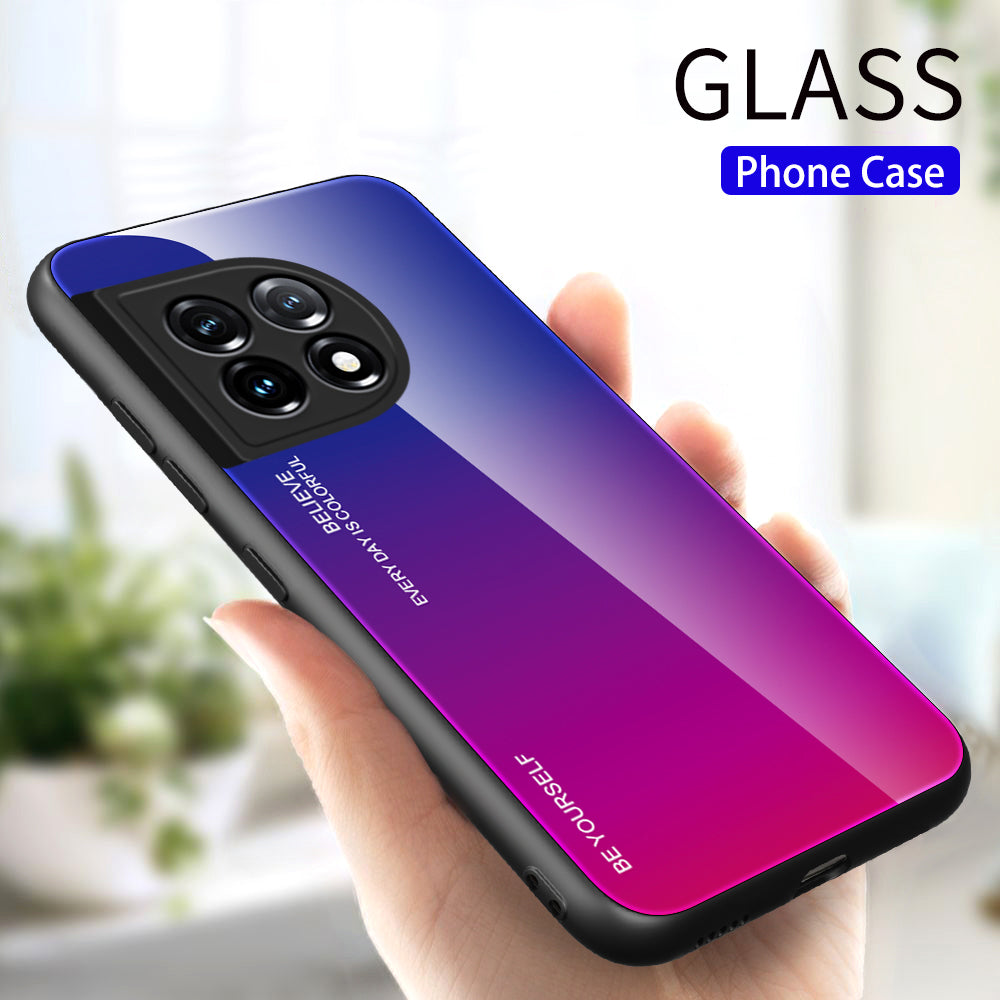 Gradient Color Phone Case for OnePlus 11 5G Tempered Glass PC TPU Anti-Scratch Phone Cover - Blue / Rose