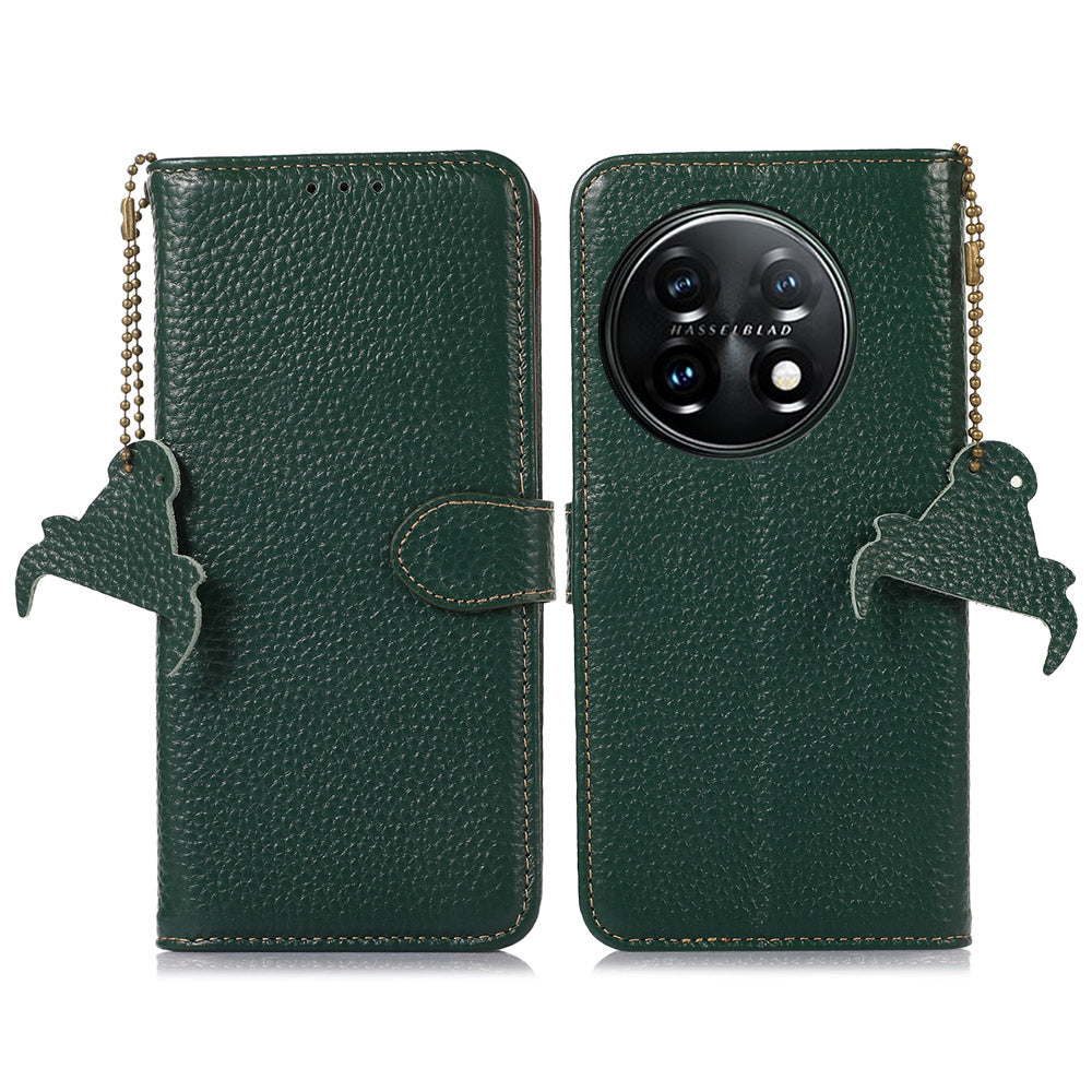 For OnePlus 11 5G RFID Blocking Stand Shell Cover Genuine Cow Leather Litchi Texture Wallet Case - Green