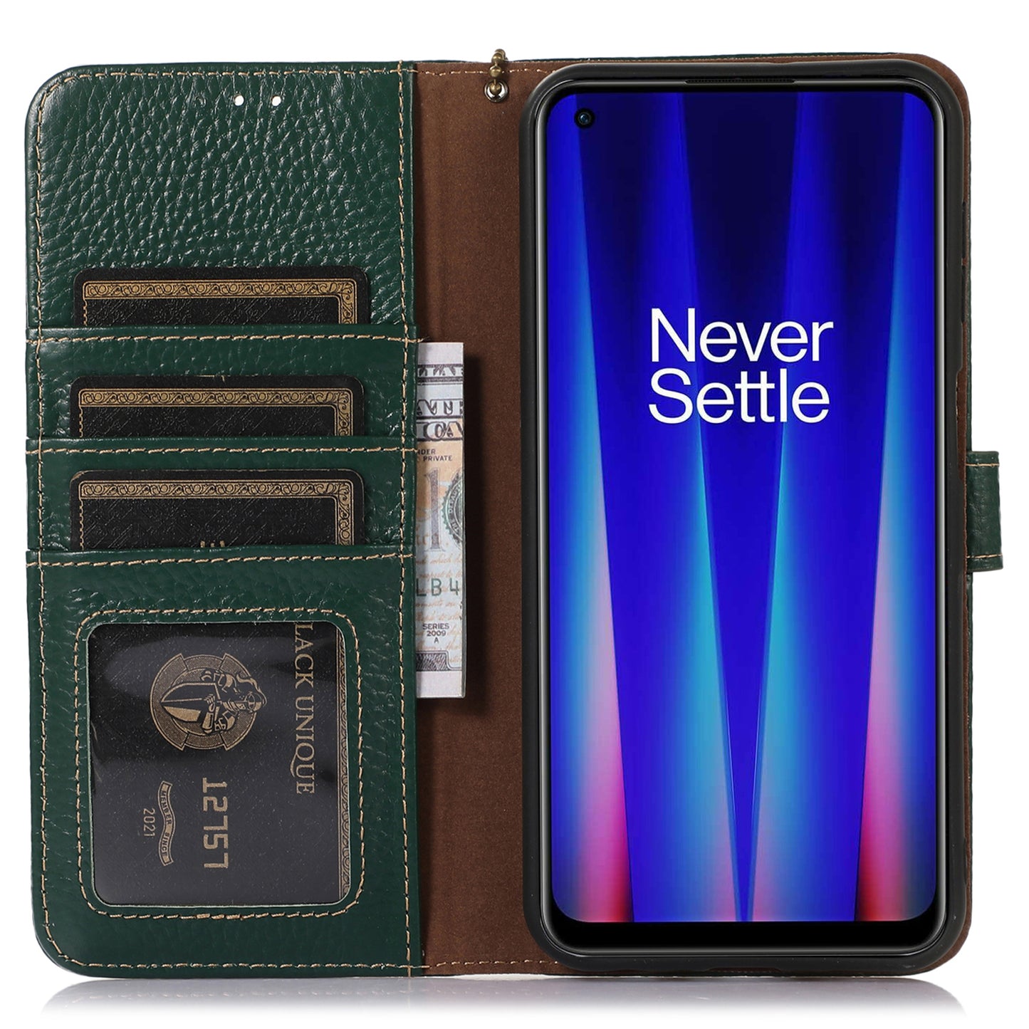 For OnePlus 11 5G RFID Blocking Stand Shell Cover Genuine Cow Leather Litchi Texture Wallet Case - Green