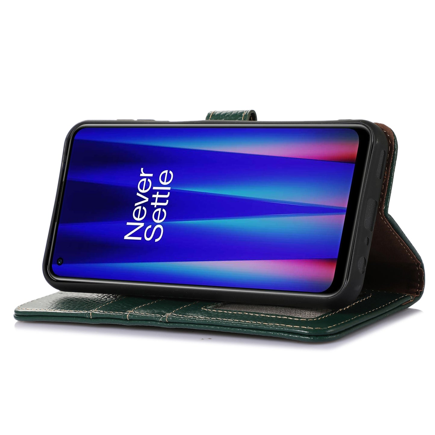 For OnePlus 11 5G RFID Blocking Stand Shell Cover Genuine Cow Leather Litchi Texture Wallet Case - Green
