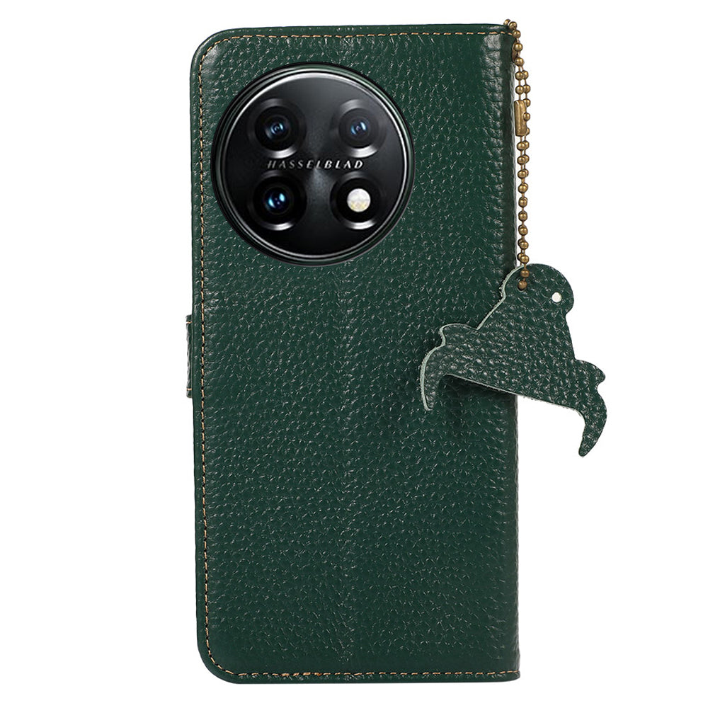 For OnePlus 11 5G RFID Blocking Stand Shell Cover Genuine Cow Leather Litchi Texture Wallet Case - Green