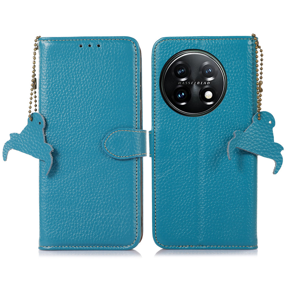 For OnePlus 11 5G RFID Blocking Stand Shell Cover Genuine Cow Leather Litchi Texture Wallet Case - Blue