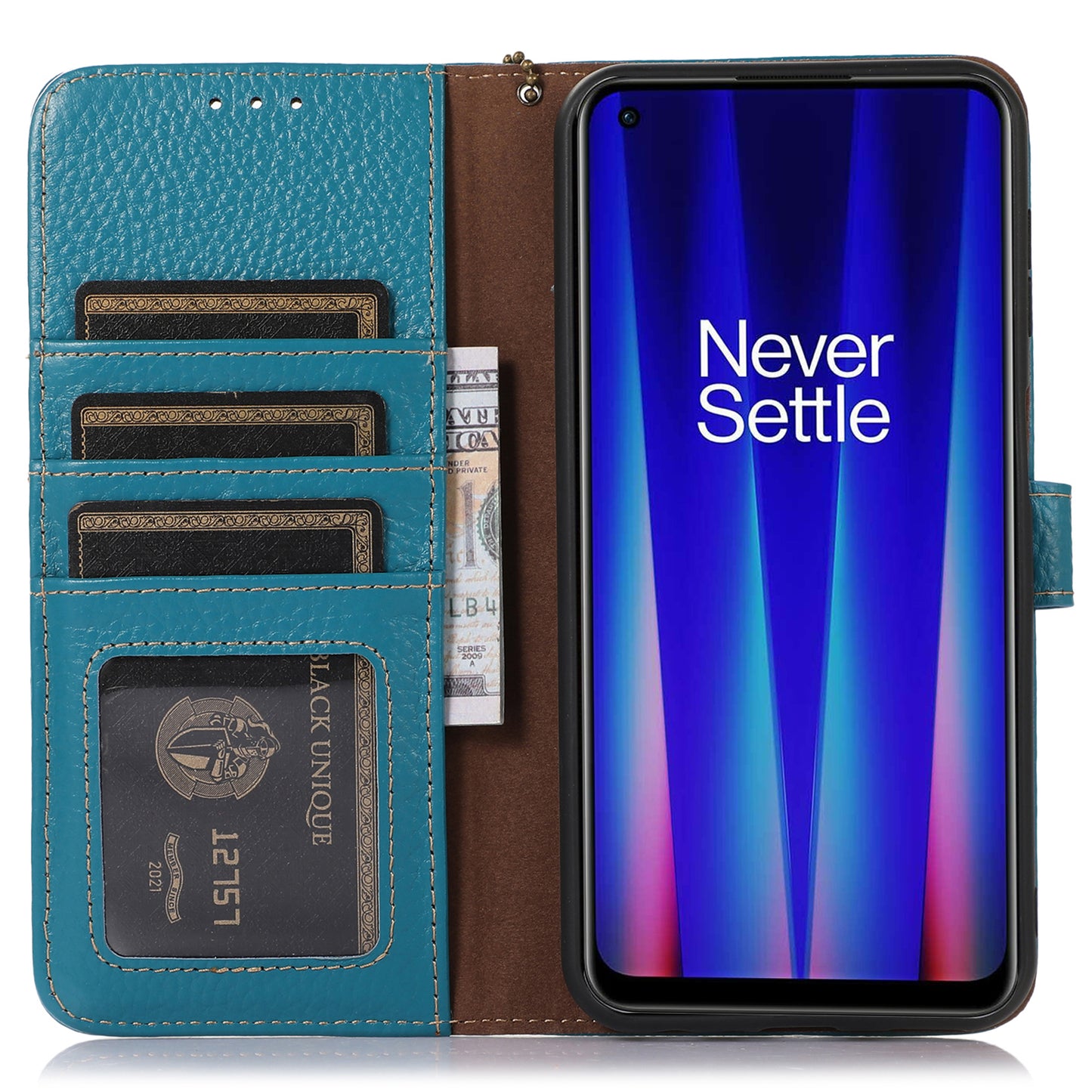 For OnePlus 11 5G RFID Blocking Stand Shell Cover Genuine Cow Leather Litchi Texture Wallet Case - Blue