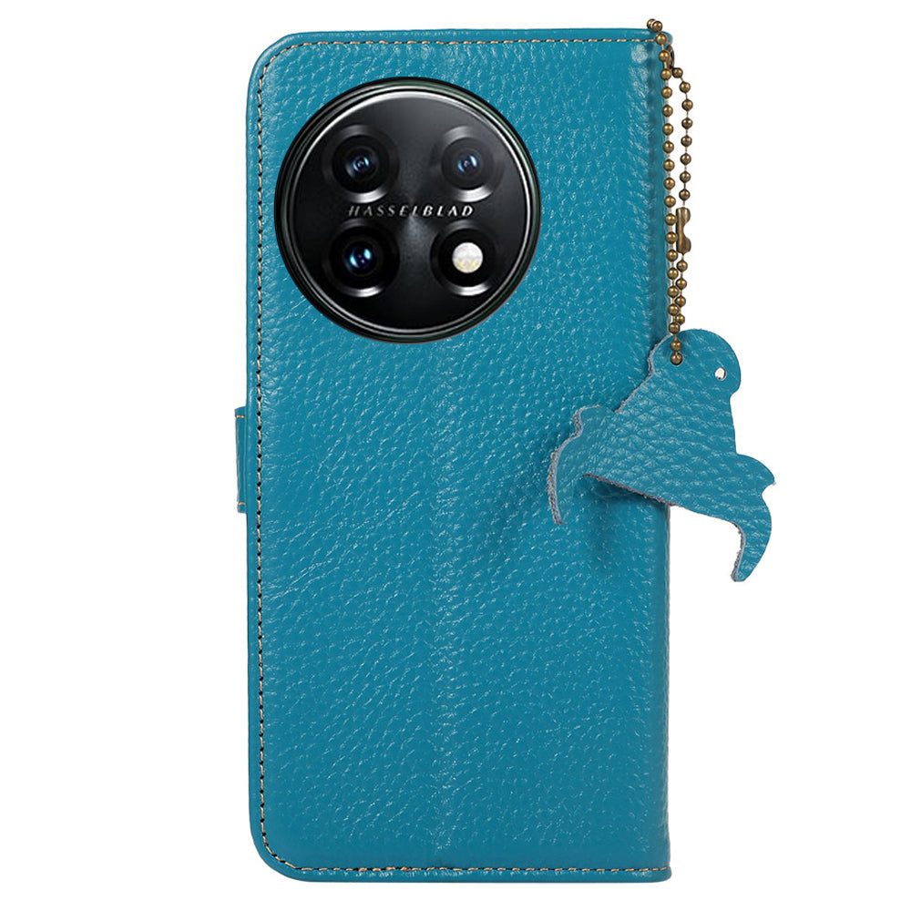 For OnePlus 11 5G RFID Blocking Stand Shell Cover Genuine Cow Leather Litchi Texture Wallet Case - Blue