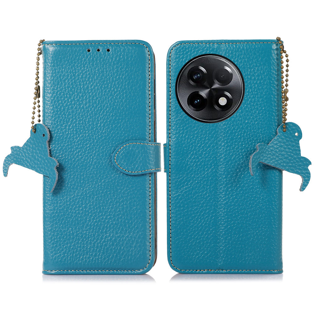 For OnePlus Ace 2 5G / 11R 5G Anti-Fingerprint Wallet Genuine Cow Leather Litchi Texture RFID Blocking Stand Case - Blue