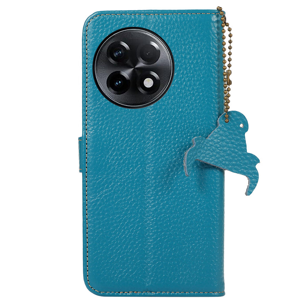 For OnePlus Ace 2 5G / 11R 5G Anti-Fingerprint Wallet Genuine Cow Leather Litchi Texture RFID Blocking Stand Case - Blue