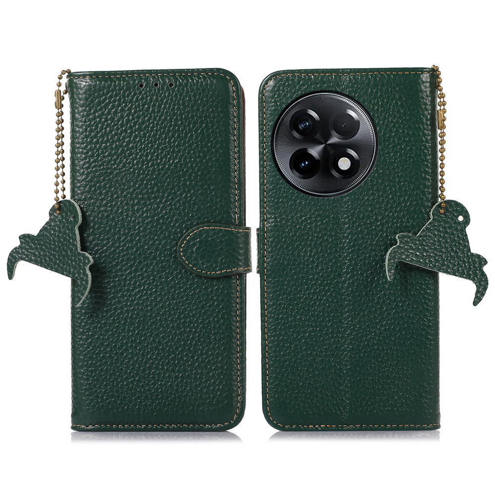 For OnePlus Ace 2 5G / 11R 5G Anti-Fingerprint Wallet Genuine Cow Leather Litchi Texture RFID Blocking Stand Case - Green