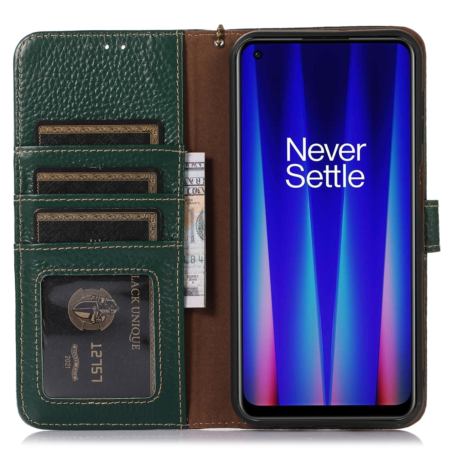 For OnePlus Ace 2 5G / 11R 5G Anti-Fingerprint Wallet Genuine Cow Leather Litchi Texture RFID Blocking Stand Case - Green
